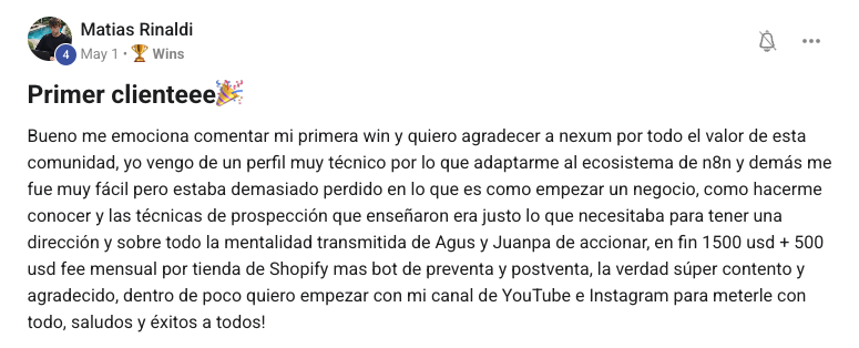 Resultado de Matías Rinaldi con el sistema Nexum Academy