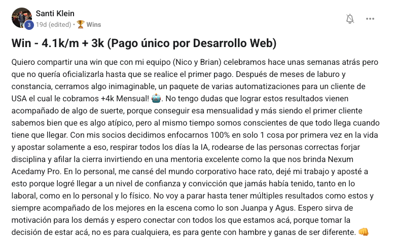Resultado de Santi Klein con el sistema Nexum Academy